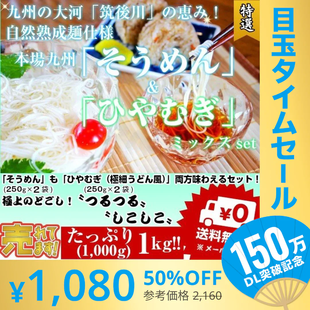 【超シェア買い祭】そうめん　ひやむぎ　冷麦　素麺　お取り寄せ　九州熟成そうめん250g×2袋　&　九州熟成ひやむぎ250g×2袋　たっぷり1キロ　お試しグルメギフト