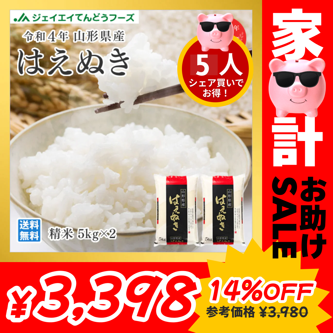 【10人シェア買いでお得】米 送料無料 10kg 令和4年産 山形県産 はえぬき精米 10kg(5kg×2) 送料無料※一部地域を除く【最安値に挑戦】【家計お助けセール】