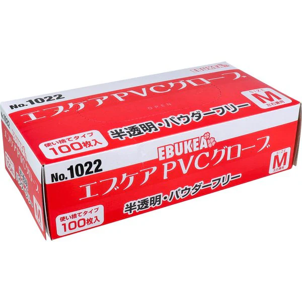 お得な5箱セット 使い捨てゴム手袋 エブノ No.1022 エブケアPVCグローブ 半透明 パウダーフリー Mサイズ 100枚入り X5箱
