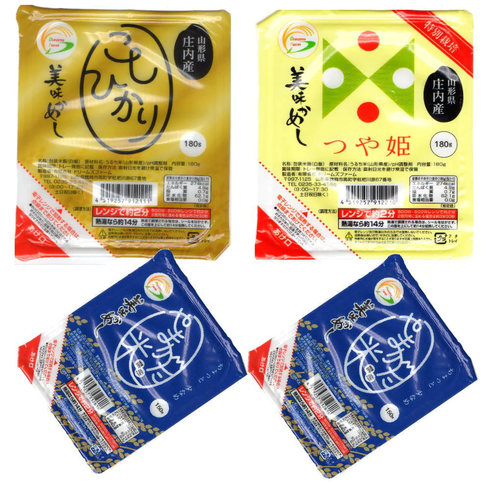 【パックご飯 入荷タイト】ドリームズファーム 美味かめし 24食セット コスパ満点 山形県産米 150ｇ×12食 つや姫（山形県産庄内産）180ｇ×6食 コシヒカリ（山形県庄内産）180ｇ×6食 合計24食
