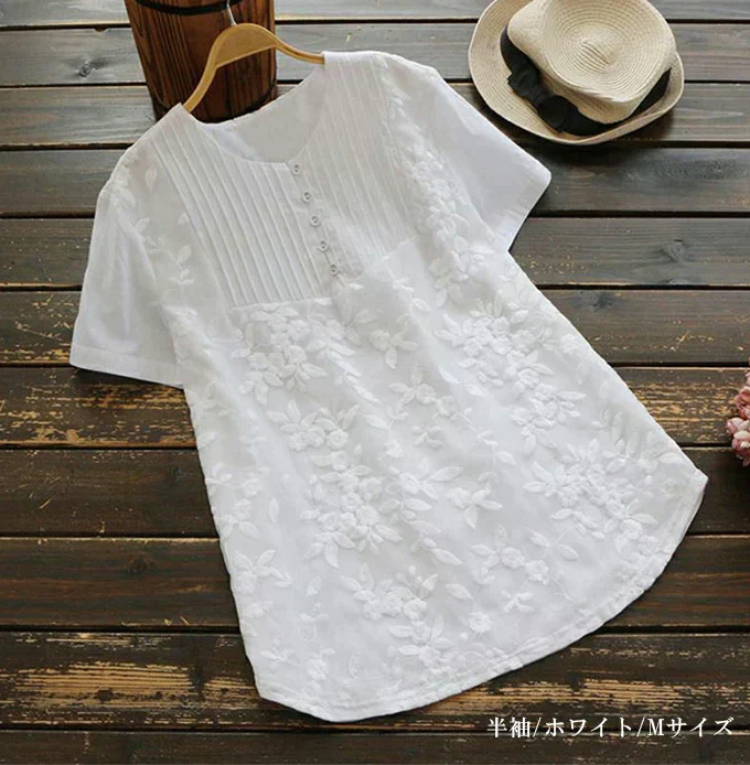 花柄刺繍半袖プルオーバー（ホワイト/2XLサイズ）
