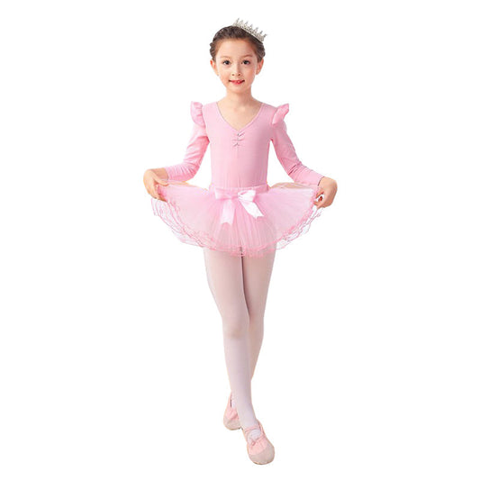 レオタード スカート付き 長袖 160cm キッズ 女の子 子供 バレエ ダンス ウェア 衣装 ドレス リボン レース 可愛い 練習着 小学生 キッズ 女の子 半袖 長袖 肩フリル 秋 冬