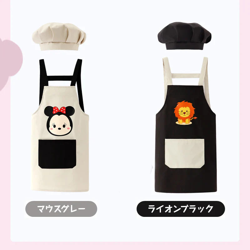 キッズエプロン ブラック 140（130cm,140cm,150cm）2点セット H型エプロン 給食帽子 セット 子供用エプロン かわいい キャラクター付 110 120 130 140 幼稚園 小学生 絵画 料理 女の子 男の子