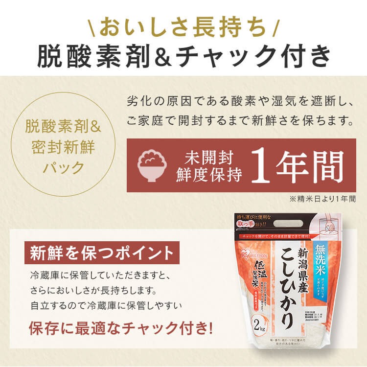 【カートアップNG】【ご新規さんとシェア買い】アイリスオーヤマ 低温製法米 無洗米 新潟県産こしひかり チャック付き 2kg
