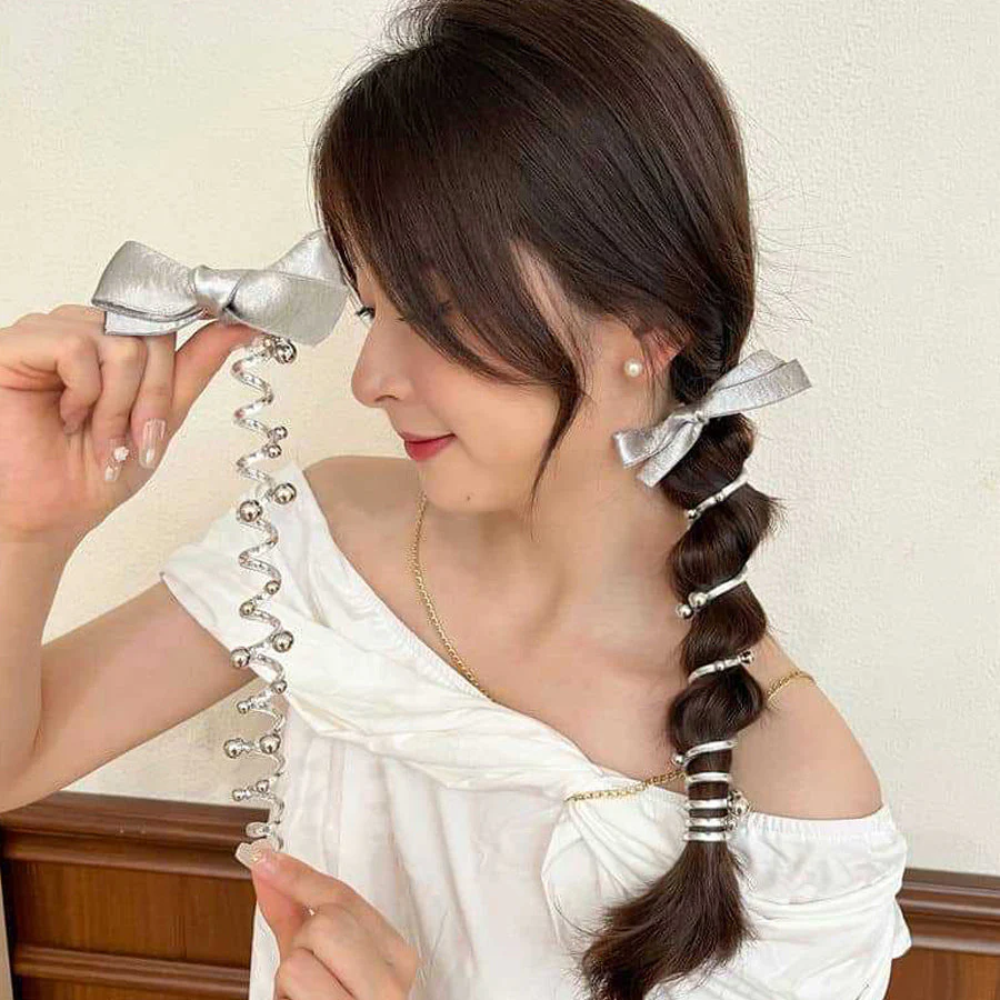 (シルバー*S)プリングヘアゴム リボンヘアゴム くるくる ヘアアクセサリー オシャレ 髪飾り コイルポニー ワイヤーポニー まとめ髪 プチプラ