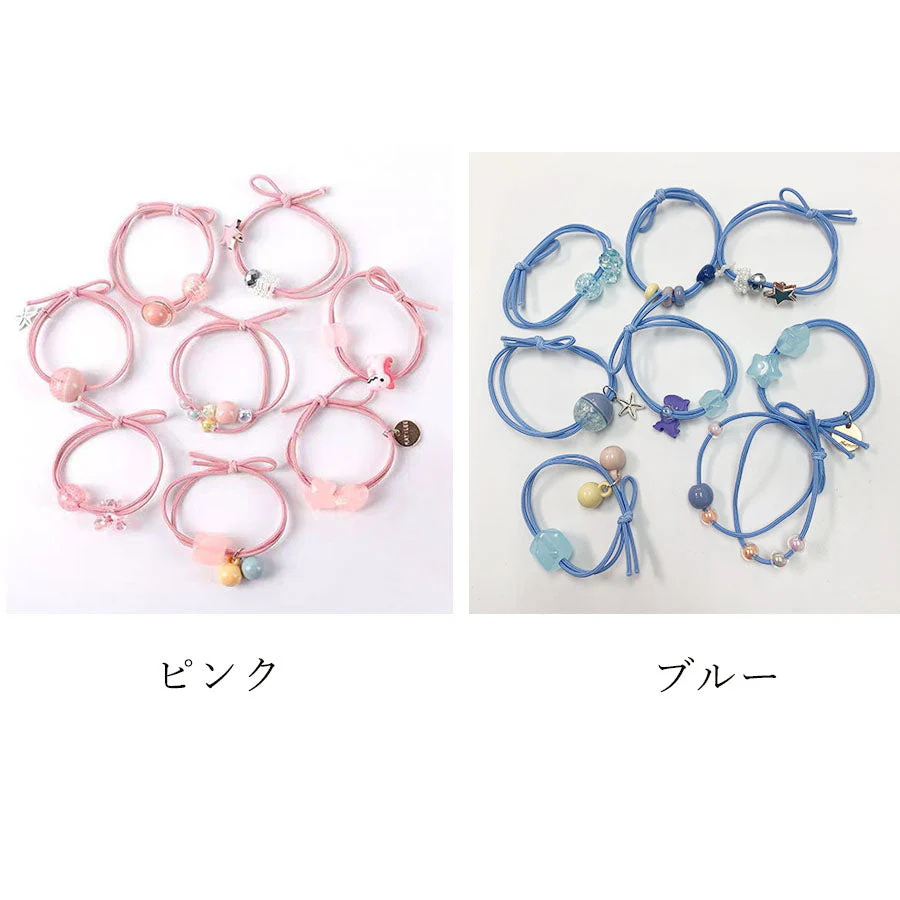 (ブルー)ヘアアクセサリー　ヘアゴムセット　8本　キッズ　女の子　子供用　かわいい　ピンク　ブルー　パール　花　★　髪飾り　クリスマス　プレゼント　小学生