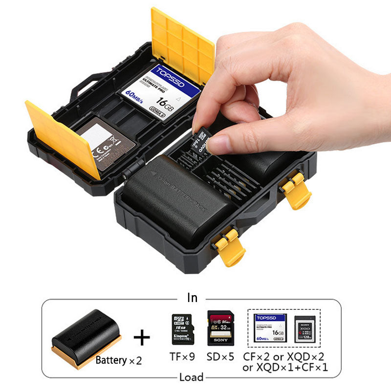 メモリカード収納ケース カメラバッテリー2個 TF9枚 SDカード5枚 CFカード2枚またはXQDカード2枚収納できる ポータブル ケース コンパクト 大容量