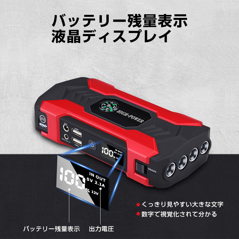 ジャンプスターター 12V バイク 車専用 28000mAh 大容量 バッテリー上がり 即解決 多機能 脱出ハンマー 緊急ライト コンパス 持ち運び 急速充電 簡単 便利