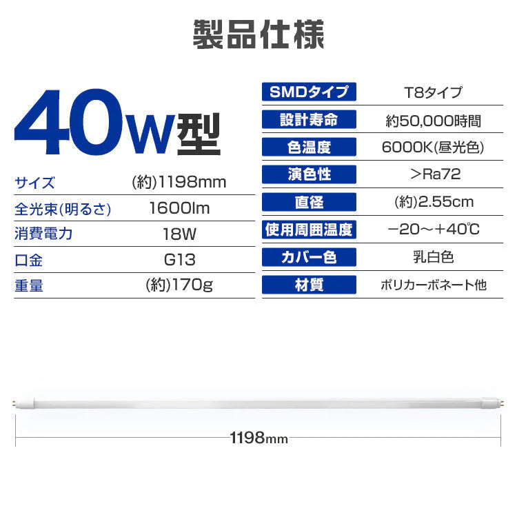 長寿命 LED蛍光灯 40W 直管 LED蛍光灯 40W形 直管 蛍光灯 40形 LED蛍光灯 40W型 蛍光灯 LED 直管蛍光灯 120cm 昼光色 LEDライト ポリカーボネート製 グロー式 工事不要