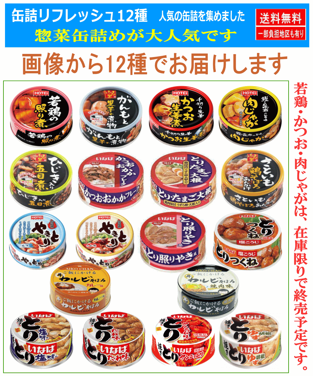 【缶詰】惣菜 鶏 かつお カルビ 12種 ホテイフーズ いなば食品 伊藤食品 缶詰めセット 焼き鳥 惣菜 海産かんづめ 12缶セット 関東圏送料無料