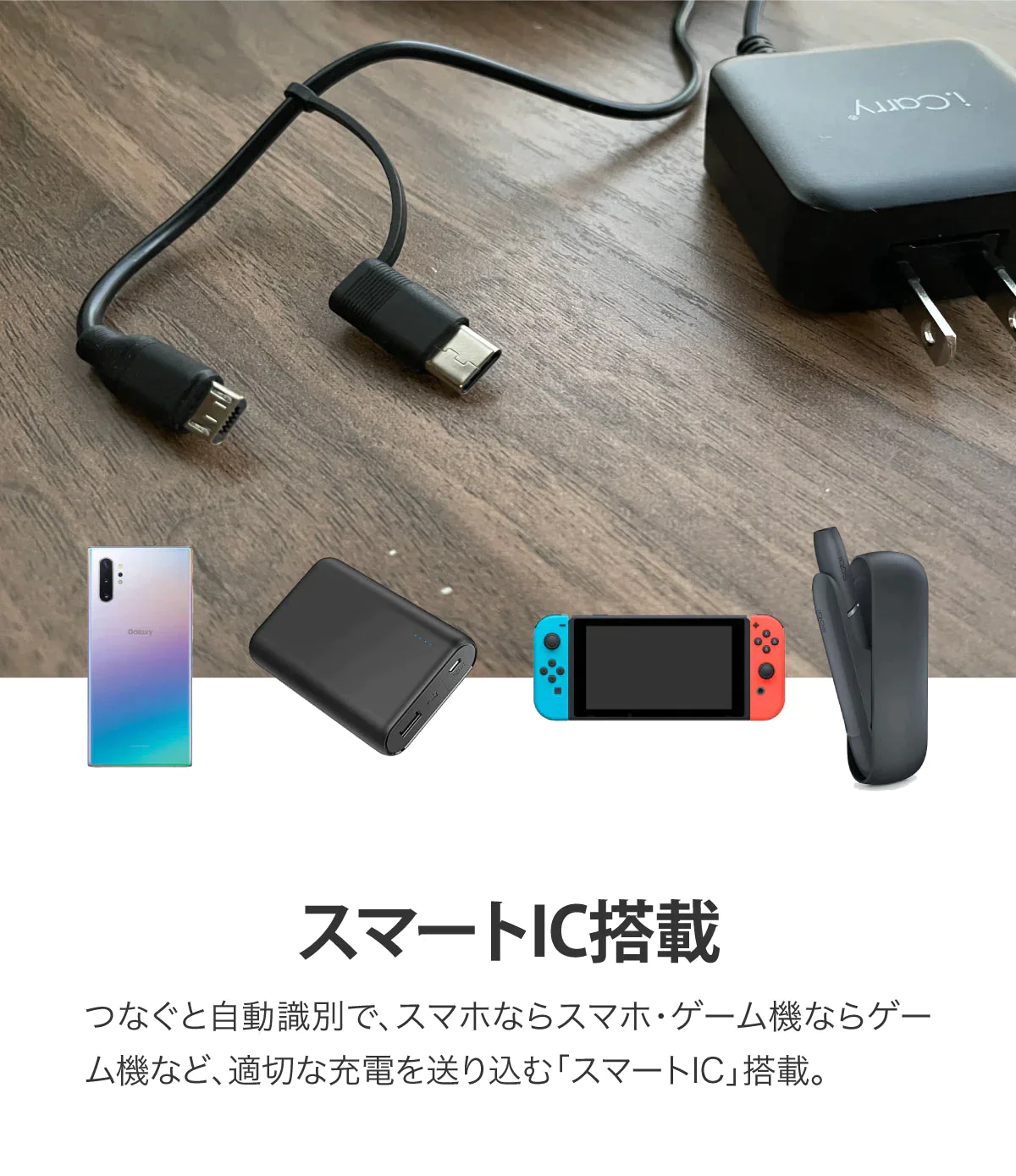 （ホワイト）iCarry スリム USB コンセント 2WAY スマホ充電器 【Type-C + microUSB どちらも使える 12W 急速充電】17-AC12BC