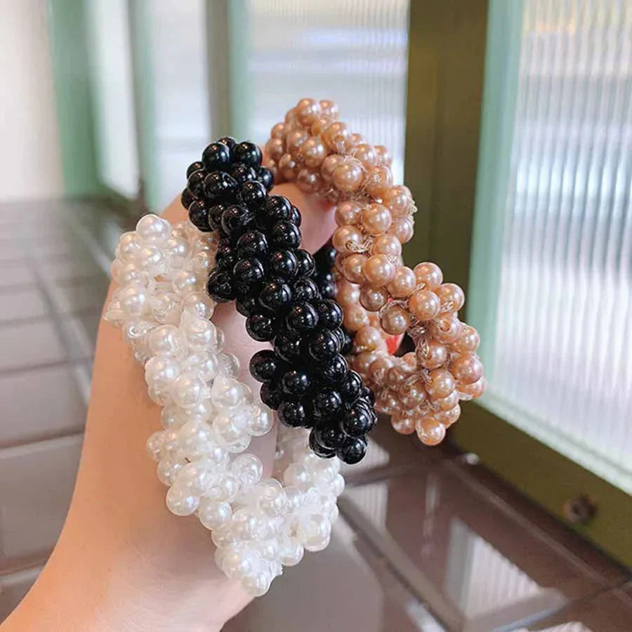 ヘアゴム パール バブル シンプ ブレスレット ビーズ ヘア留め ヘアアクセサリー 髪飾りキャメル　上品　パーティー飾り