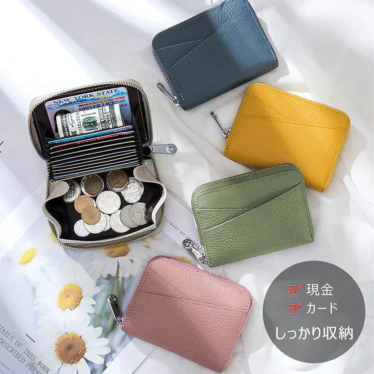 【ピンク】 ミニ財布 レディース メンズ カードケース 牛革 二つ折り 大容量 コンパクト じゃばら式