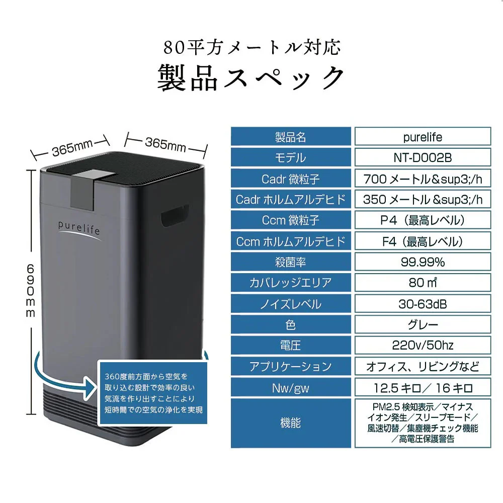 purelife 空気清浄機 NT-D002B 本体 空気清浄機 Purelife B 80㎡タイプ NT-D002B – カウシェ
