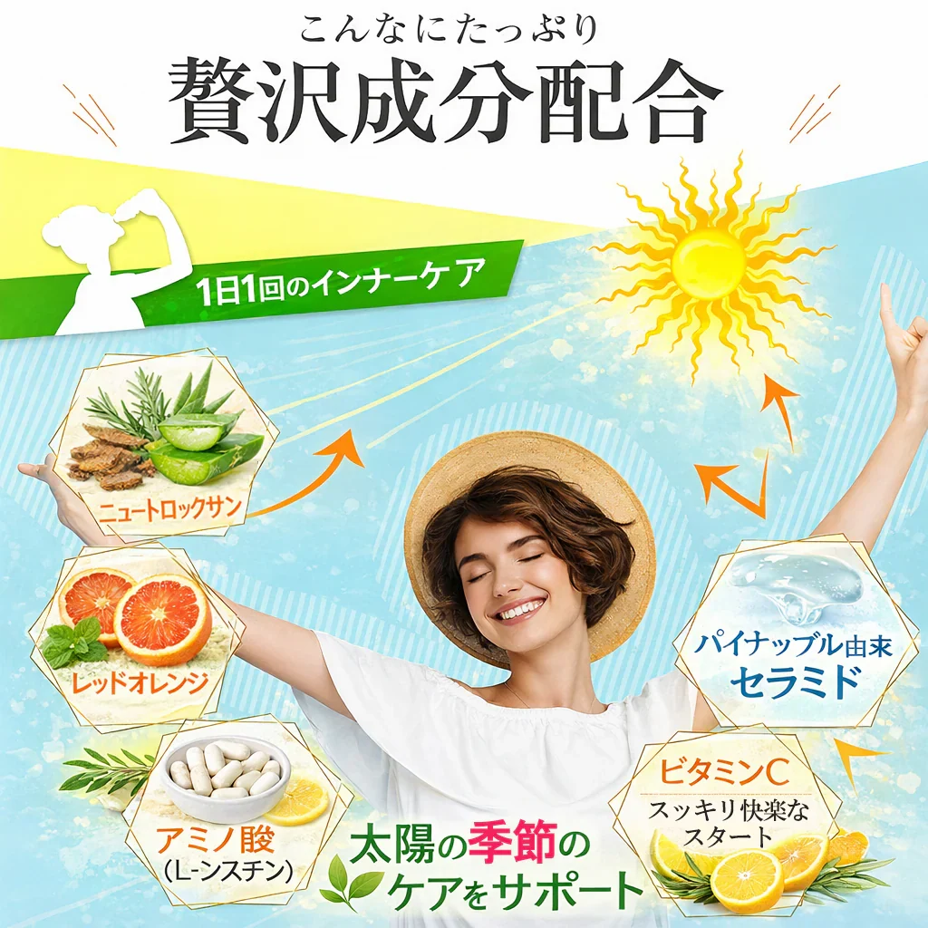 【お得4袋セット・ひがサプリ】新時代 太陽対策 飲む お出かけ対策 サプリメント  バリア サプリ 飲む日焼け止め サンスティック 日焼止め UVケア UVカット 紫外線サプリ クリーム ニュートロックスサン UV 対策 ケア カット 紫外線カット 紫外線 日差しに負けない ビタミン 日焼どめ お肌 守る シスチン ビタミンC レッドオレンジ シトラス ローズマリー マリーゴールド 日本製 国産