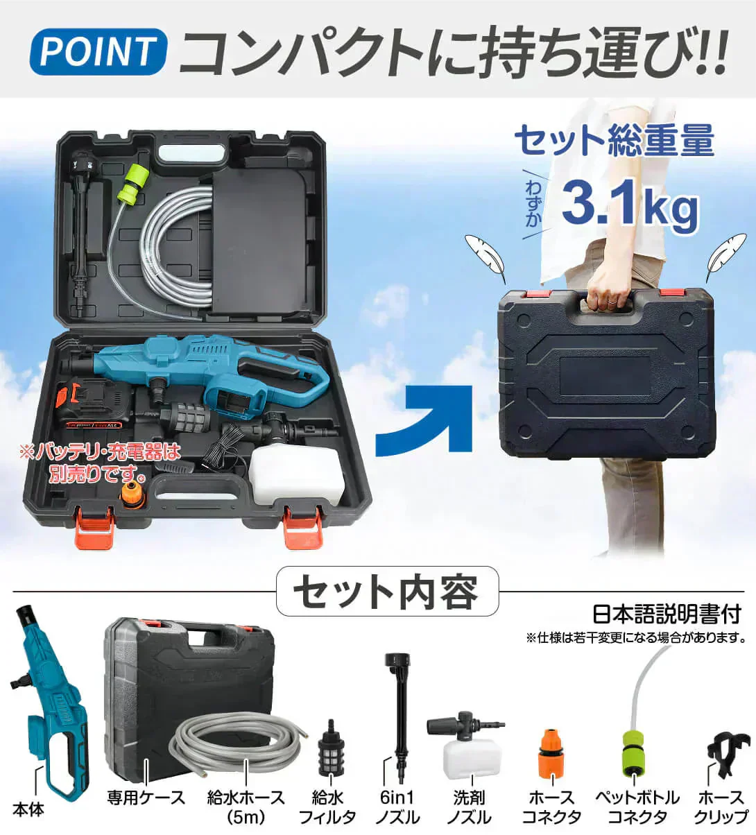 強力ハンディ高圧洗浄機BL　バッテリ充電器別売 高圧洗浄機 充電式 6in1 21V マキタバッテリ互換 専用ケース付 ブラシレス 洗車 掃除 ベランダ バケツ