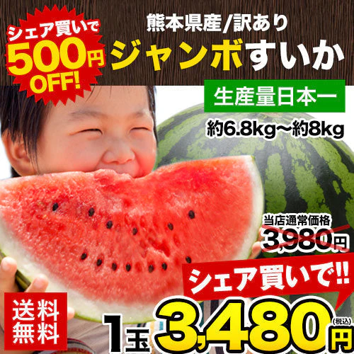 衝撃BIGサイズ！ 熊本県産 訳あり ジャンボスイカ 1玉（約6.8kg前後-約8kg前後）ジャンボすいか スイカ  すいか 旬 の 果物 夏 キャンプ バーベキュー BBQ 食材 デザート 家庭用 自家用 フルーツ 果物