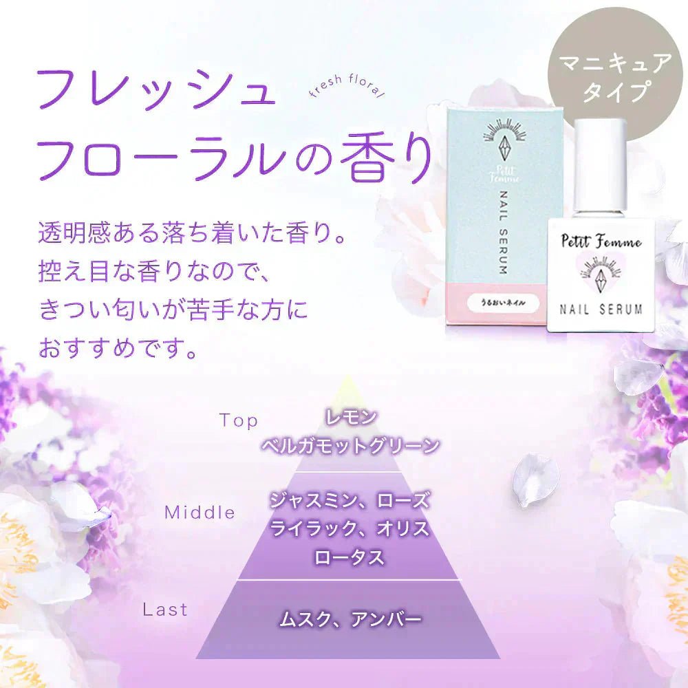 ネイルオイル petit femme プチファム フレッシュフローラルの香り シアバター 10ml 爪 指 ささくれ 二枚爪 美容液 ネイル オイル ケア キューティクルオイル ネイルケア 補強 補修 爪育 育爪 甘皮ケアオイル 保護 ささくれ 割れ爪 甘皮 二枚爪 ネイルケアオイル ギフト プチファム 香り ハイポニキウム サボン ムスク