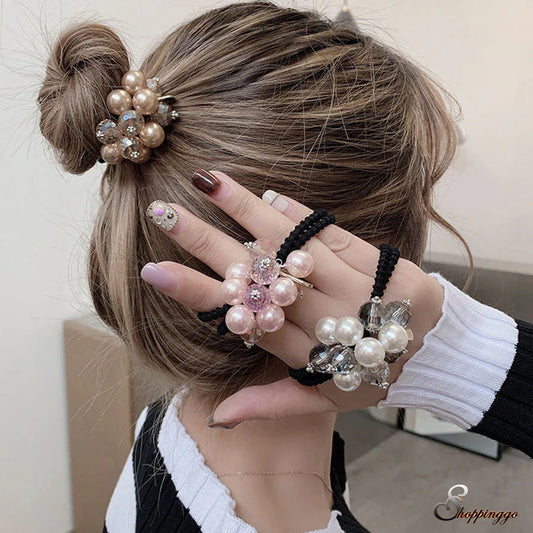 (ホワイト)ヘアゴム キラキラ パール おしゃれ ヘアアクセサリー リボン結び シンプル 髪留め