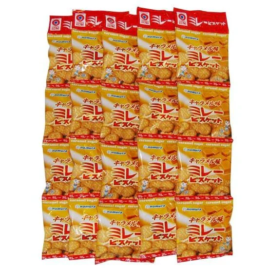送料無料 ミレービスケット キャラメル味 4連5個セット 野村 のむら 4連 人気のおやつ! 送料無料（北海道・沖縄の方は送料500円となります）ミレー 贈答 プレゼント ご当地グルメ 野村煎豆加工店 おやつ 小袋菓子 野村のミレー お菓子 駄菓子 小袋 ビスケット 出来立て発送