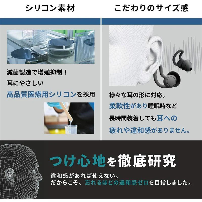 耳栓 睡眠 遮音 高性能 飛行機 シリコン ライブ用 いびき 騒音 睡眠用 防音 勉強 耳せん 快眠 旅行 安眠 イヤープラグ 防音 ライブ 工事 水洗い可 ケース付き w240B(ブラック)