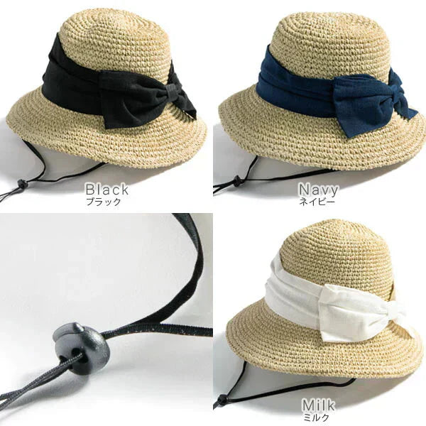 【フリー-ネイビー】【商品名：紐付き手編みストローHAT】