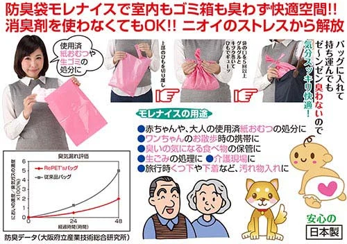 【小サイズ】防臭袋　モレナイスひも付き（100枚入り）（大サイズ）ゴミ袋 防臭 ニオイ対策 臭わない ポリ袋 生ごみ ペット用 エコ リサイクル