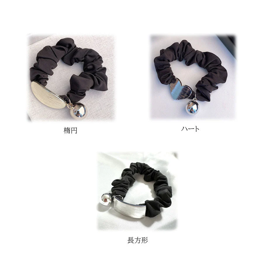 (ハート)ヘアゴム リボンシュシュ 金属ビジュー おしゃれ ヘアアクセサリー リボン結び シンプル 髪留め