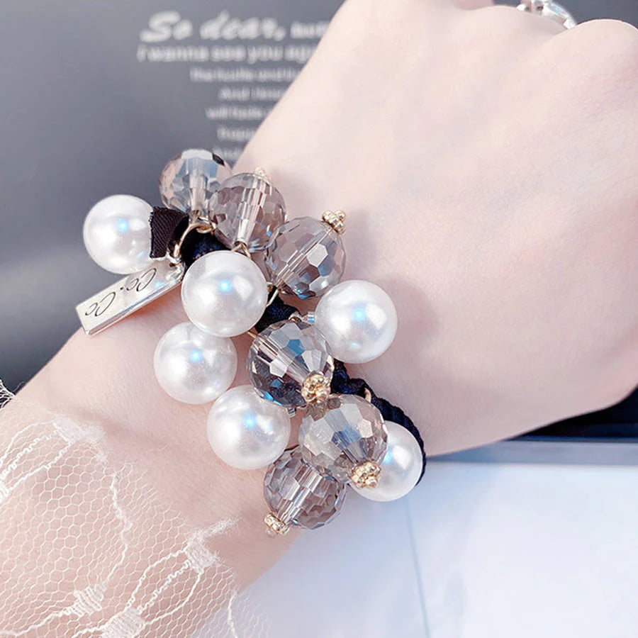 (ベージュ)ヘアゴム キラキラ パール おしゃれ ヘアアクセサリー リボン結び シンプル 髪留め