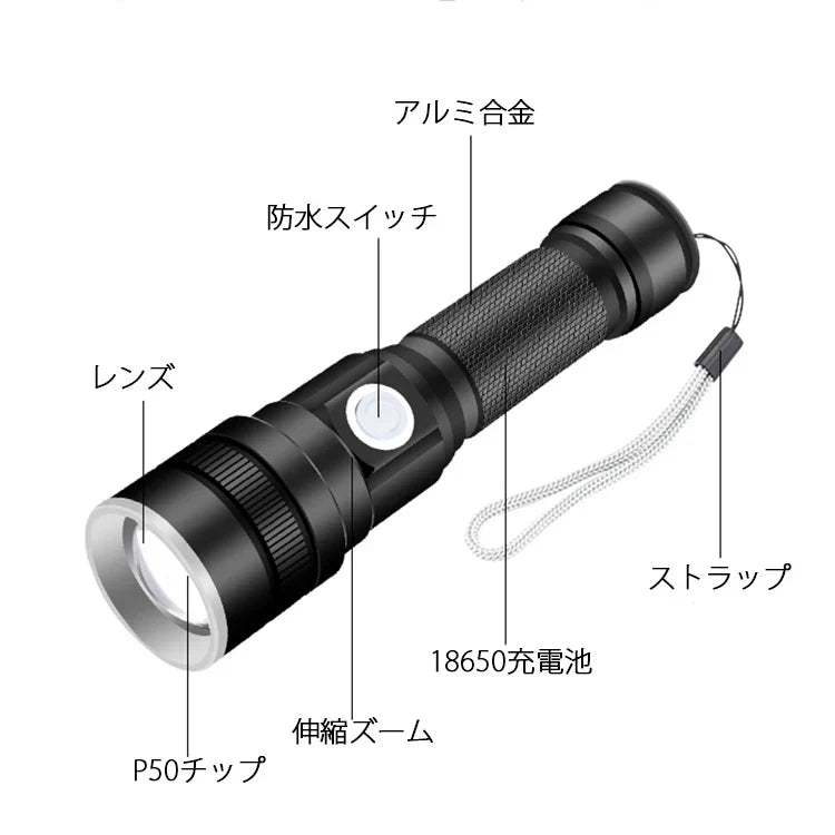 LEDライト 懐中電灯 ハンディライト ズーム機能 フラッシュライト 充電式 超強力 多モード 小型 軍用 作業灯 充電池付き 停電 防水 防災対策 最新仕様！ 爆光 強力 超強 防災グッズ 強力 防水 コンパクト アウトドア セール(w025)