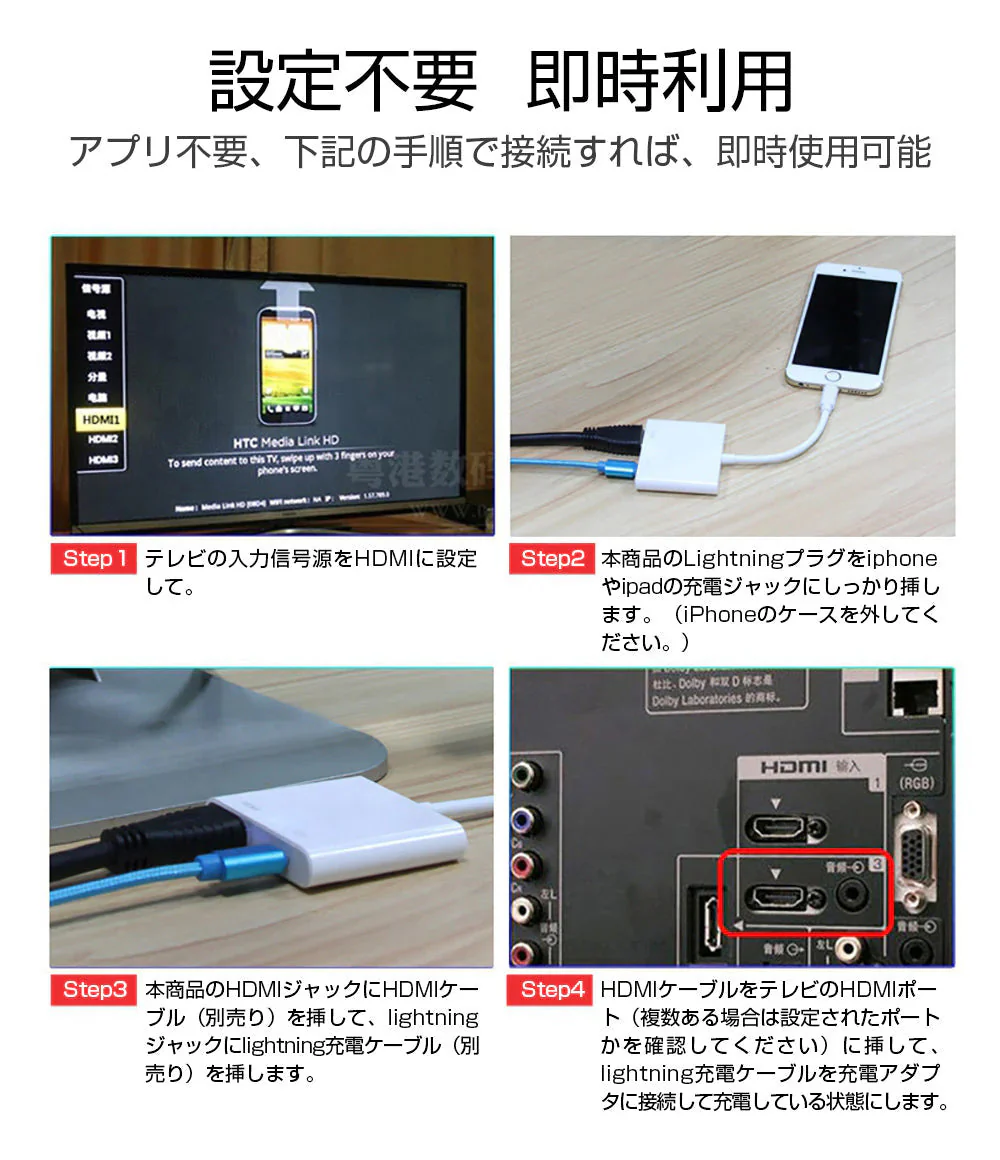 Lightning端子対応 HDMI変換ケーブル 1080P対応 ホワイト スマホ用 映像出力アダプタ