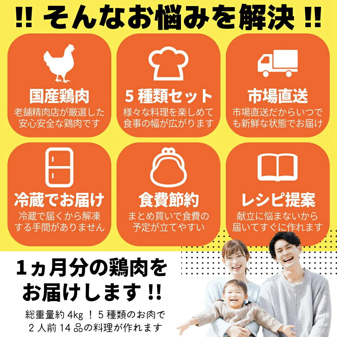 おうちごはん国産鶏肉セット 2人前14品分が作れる！ 5種類詰め合わせ もも肉4枚 むね肉4枚 ささみ10本 挽肉500g 手羽元16本】 国産鶏  鶏肉 肉セット とりにく 詰め合わせ 肉おかず お惣菜