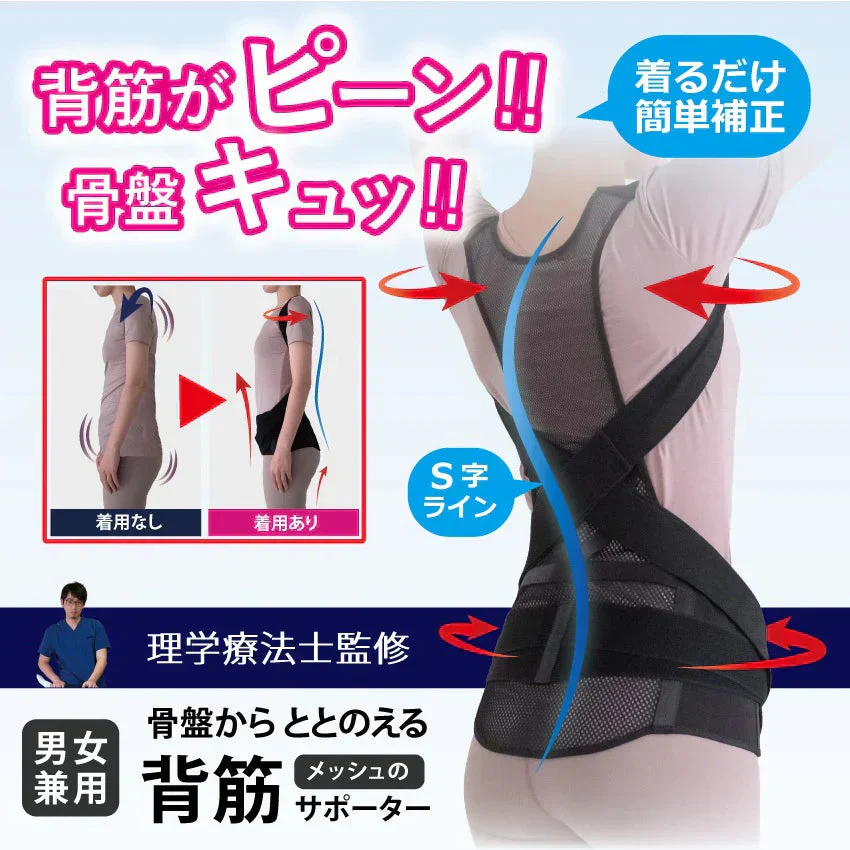 骨盤からととのえるメッシュの背筋サポーター(Sサイズ)/背筋を伸ばして骨盤を引き締める 理学療法士監修 背筋 骨盤 肩甲骨 姿勢 猫背 S字ライン姿勢矯正ベルト 男女兼用 美矯正サポーター 骨盤 腰 ダイエット 体幹 姿勢 シェイプアップ ヒップアップ 代謝アップ ウエスト くびれ 下半身 下腹背筋 引き締める 背筋  肩甲骨 姿勢 猫背 S字ライン