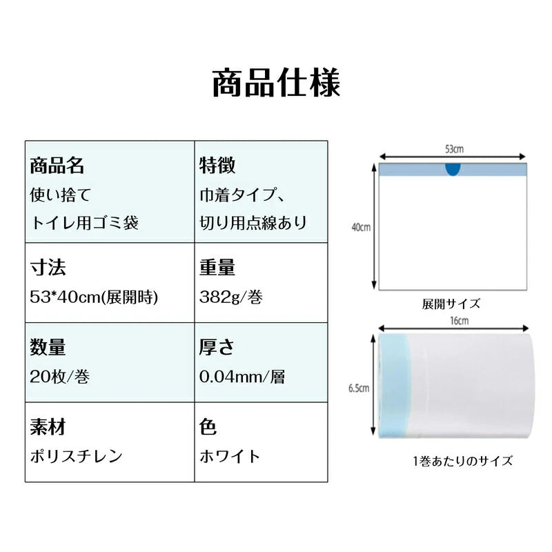 トイレ用処理袋  使い捨て 60枚 ゴミ袋 ポータブルトイレ処理袋 ロール状 高齢者 介護 災害 臨時トイレ 簡易トイレ 排泄物 後処理 簡単 汚物入れ プラスチック袋