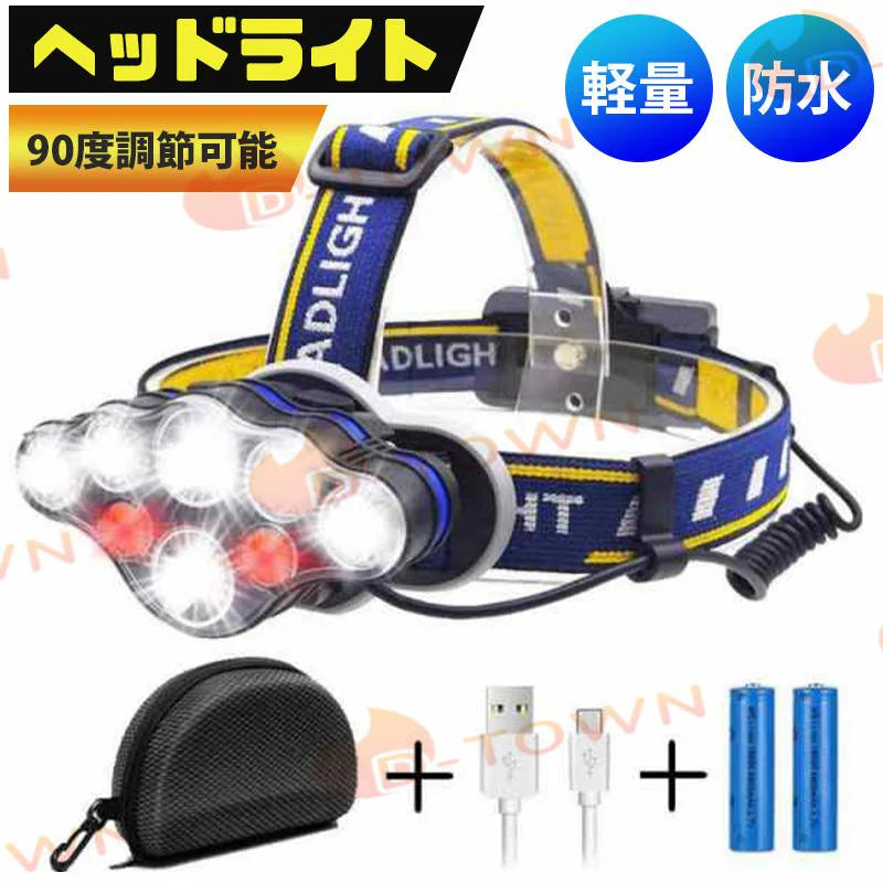 最新版超強光ヘッドライト led 充電式 ヘッドランプ - 軽量 防水 90度調節可能 高輝度 18650型バッテリー(w018)