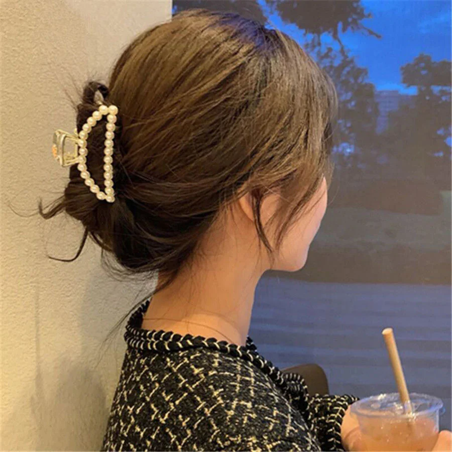 (四角)ヘアクリップ バンスクリップ パール付 シンプル レディース ヘアアクセサリー 髪飾り