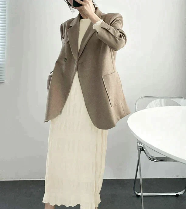 シャーリングシフォンワンピース（アイボリー/長袖/Lサイズ）