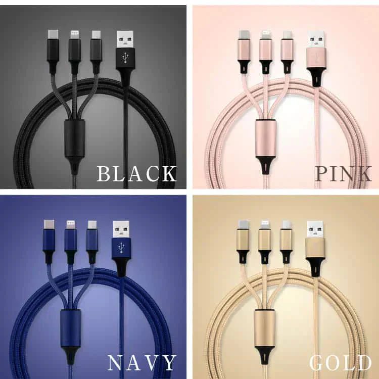 【ブルー】3in1 充電ケーブル USB iPhone Android 全7色 1.2m 超高耐久 断線防止 2.1A Type-C Lightning micro USB  急速充電 充電器 iPhone Android 充電ケーブル マルチ ライトニングケーブル タイプC アンドロイド アイフォン