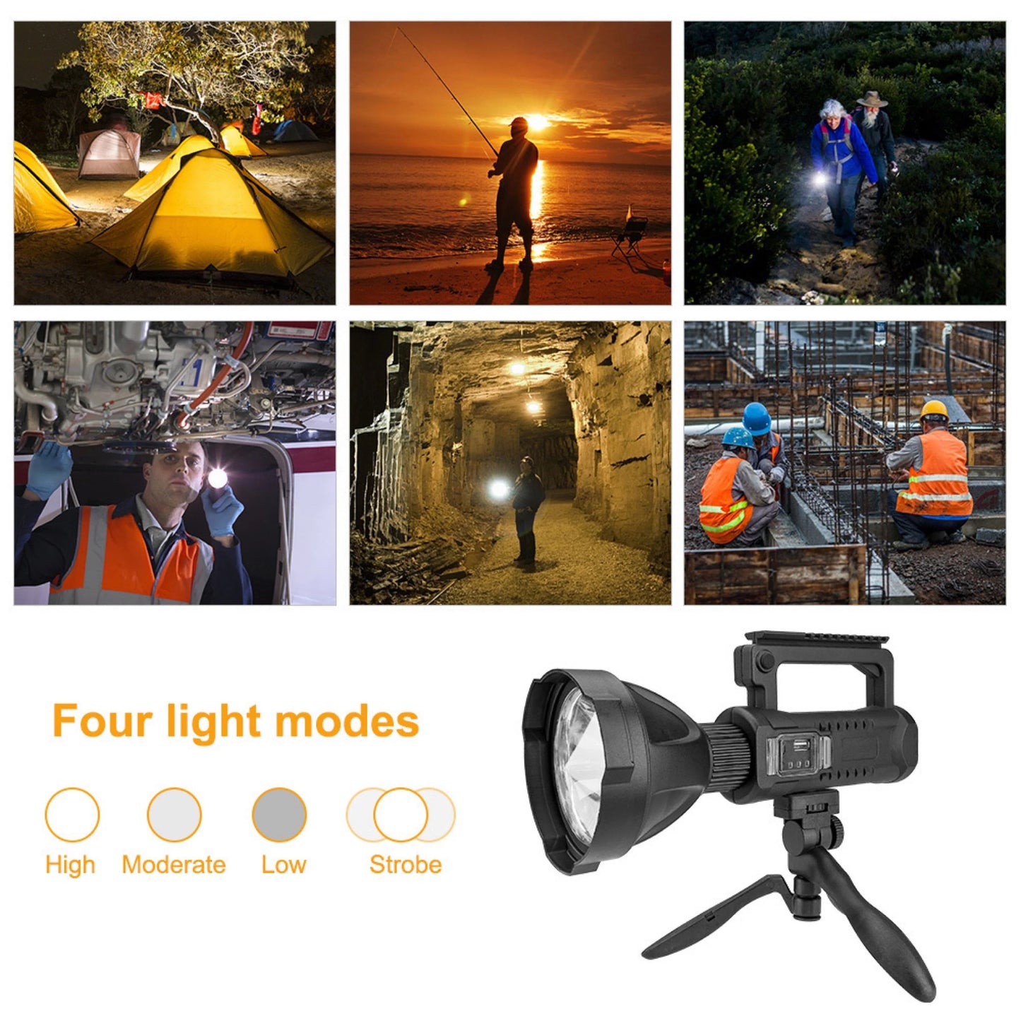 懐中電灯 LED USB充電式 超高輝度 4つ調光モード 三脚スタンド付き IP65防水 8000mAhバッテリー内蔵  LED懐中電灯 サーチライト ledライト フラッシュライト ハンディライト 作業灯 非常灯 強力 軍用 停電 防災対策 夜釣り(w028)