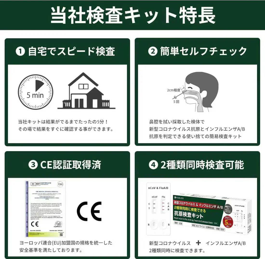 5個 抗原検査キット 最新オミクロン株対応 抗原検査キット 鼻腔検査 新型コロナウイルス インフルエンザウイルスA/B 3種類同時に検査 5分検出 鼻腔検査 セルフ検査 抗原検査キット チェック 検査キット 自宅 抗原検査キット 研究用