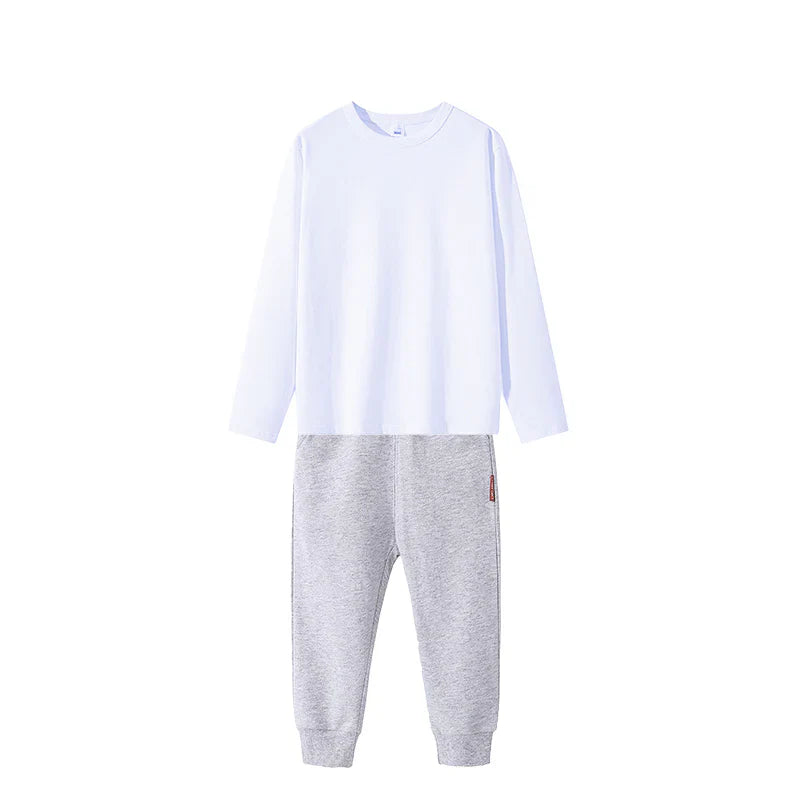2点セット グレー 90cm Tシャツ長袖 白 1枚 と スウェットズボン1枚 体育 体操服 子供 キッズ パンツ 秋 春 冬 通気性 運動会 イベント 男女兼用 90 100 110 120 130 140 150