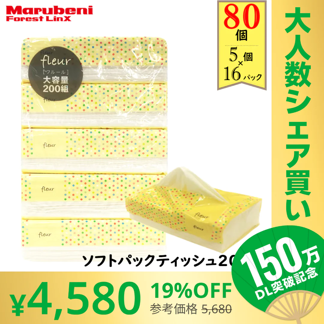 【100人シェア買いでお得】【57.3円/パック】＼大容量ティッシュ／［400枚（200組）5個×16パック(80個)入り ］ティッシュペーパー ソフトパックティッシュ200W 黄色パッケージ フルールドゥ 送料無料【超シェア買い祭】