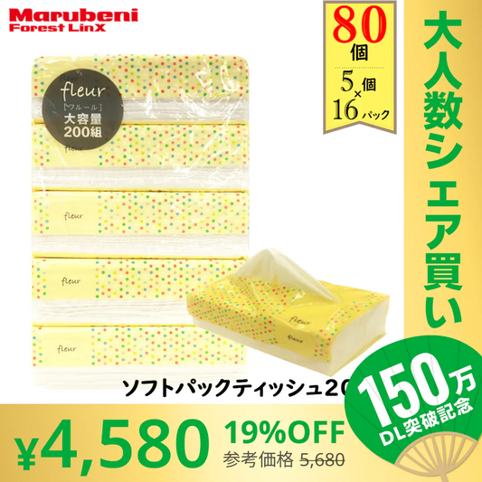 【100人シェア買いでお得】【57.3円/パック】＼大容量ティッシュ／［400枚（200組）5個×16パック(80個)入り ］ティッシュペーパー ソフトパックティッシュ200W 黄色パッケージ フルールドゥ 送料無料【超シェア買い祭】