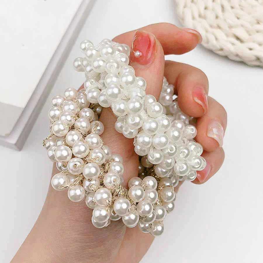 ヘアゴム パール バブル シンプ ブレスレット ビーズ ヘア留め ヘアアクセサリー 髪飾りキャメル　上品　パーティー飾り