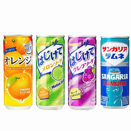 【送料込みでこの価格】【50周年特別企画】サンガリア 炭酸飲料 果汁飲料 4味 1ケース(250g×16缶入) すっきりとオレンジ ラムネ はじけてグレープソーダ はじけてメロンソーダ お試し16缶