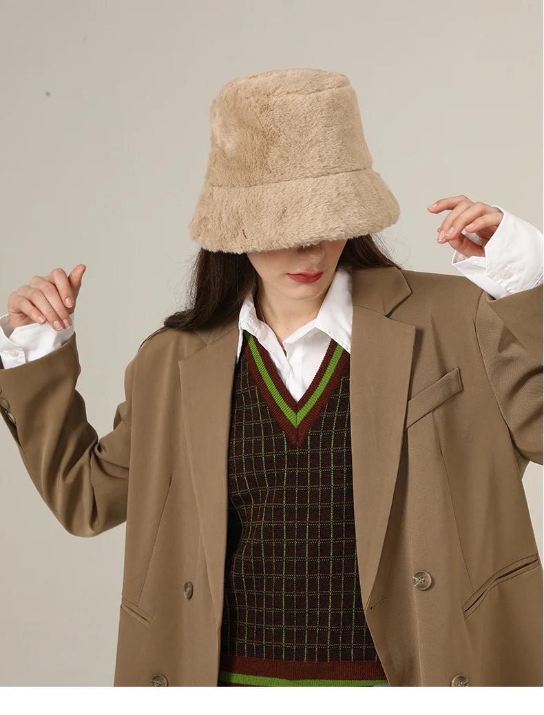 (ブラウン) 帽子 レディース ファー 秋 冬 深め バケットハット ハット 折たたみ もこもこ 暖かい 厚手 ファーハット 2024 サイズ調整 無地 女性