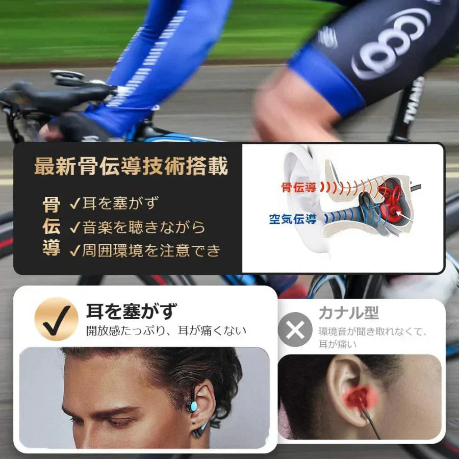 骨伝導 イヤホン Bluetooth 片耳掛け　ワイヤレス マイク付き ヘッドホン(w213A)ブラック