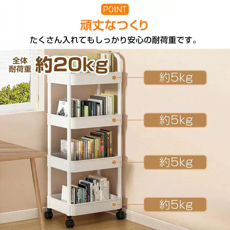 キッチンワゴン 「ホワイト」 キッチン収納 スリム 収納棚 収納ワゴン 収納ラック おしゃれ キャスター付き 組立簡単 収納カート 小物 台所収納 洗面所 軽量 組替可能 4段