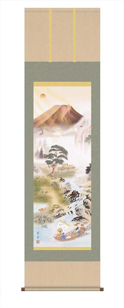 開運掛軸 【開運万全図】 山本祥園筆 [ 収納箱 10年保証 品質保証付き 31×89 開運掛軸 ご利益 七福神 国産 国内産 受注生産 床の間 和風 掛け軸 日本製 名画 縁起物 プレゼント 画寸 送料無料 ]