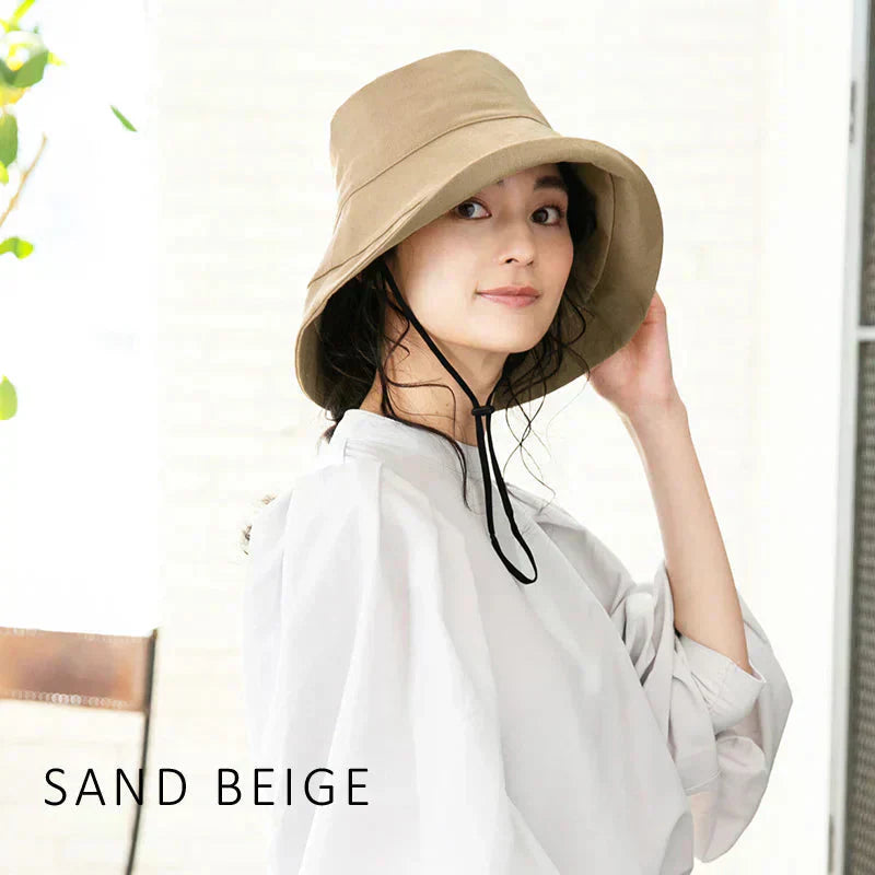 【XLサイズ58.5-61cm-サンドベージュ】【商品名：紐付き麻ポリブリムハット】